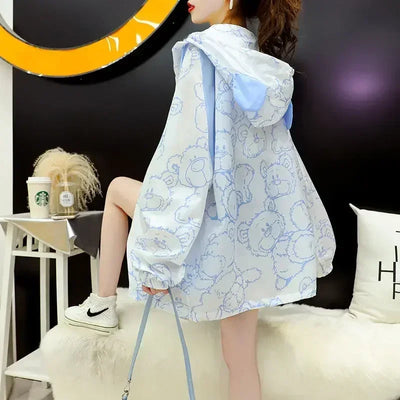 Summer Thin Sunscreen Jacket Women New Kawaii Bear Print Coats Female Casual Korean Loose Zipper Windbreaker