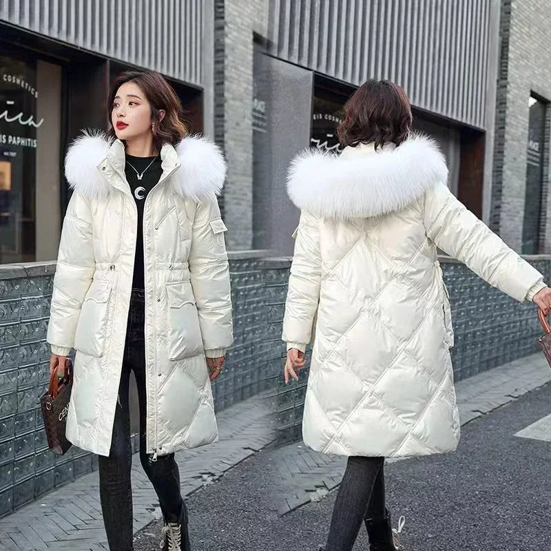 2025 Autumn Winter Hooded Fur Collar Long Parkas Mujer Thick Warm Down Cotton Padded Jacket Women Casual Hoodies Coat Female