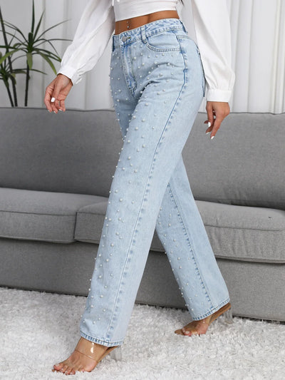 Women Straight-Leg Denim Jeans with Fashion Faux Pearl Detail Casual Style Non-Stretch Jeans Light Blue Mid-waist Denim Pants