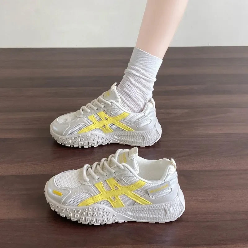 Women's Breathable Mesh Summer Running Shoes Comfortable Thick Bottom Dad Casual Shoes Versatile Pigskin Lined Rubber Soft Sole