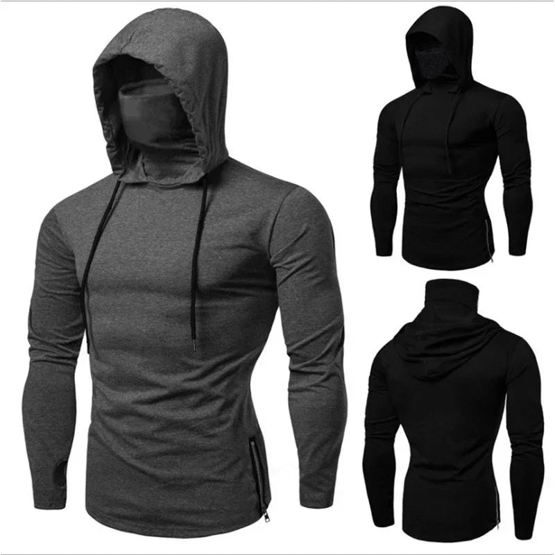 Men Athletic Hoodies Fashion Slim Fit Long Sleeve Sweatshirt with Mask Design Solid Color Sport Fitness Casual Pullover Outwear