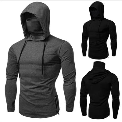 Men Athletic Hoodies Fashion Slim Fit Long Sleeve Sweatshirt with Mask Design Solid Color Sport Fitness Casual Pullover Outwear