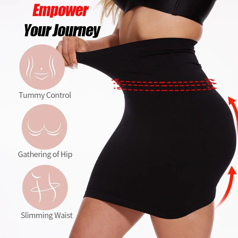 Women Sexy High Waist Dress Half Slip Shapewear Built-in Thong Seamless Body Shaper Knee Length Butt Lifter Anti-Slip Skirt