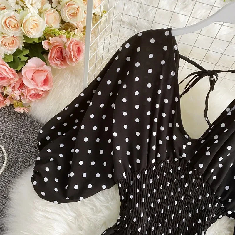 V Neck Sexy Dolman Sleeves Waist Slim Polka Dot Print Jumpsuit Women Wide Leg Trousers Jumpsuit