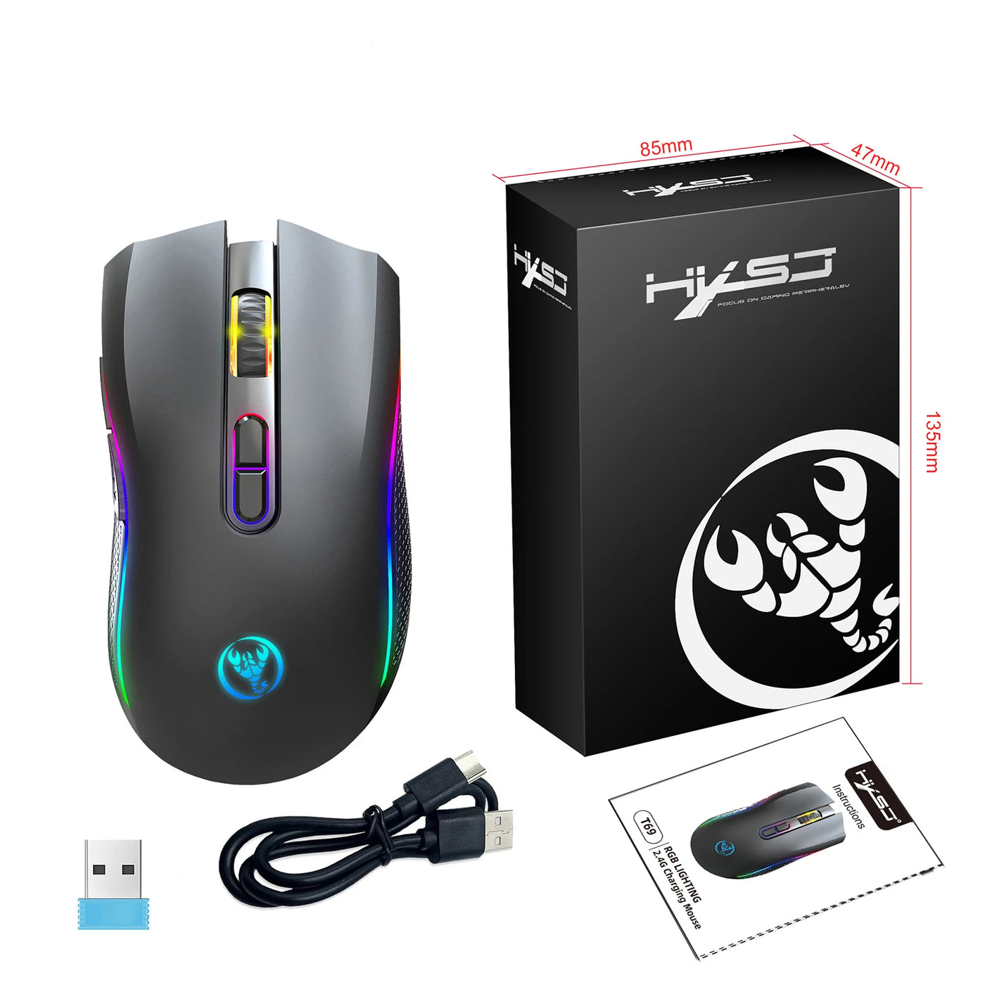 HXSJ T69 2.4G Wireless Mechanical Mouse RGB Gaming Mouse Ergonomic 7 Programmable Buttons 4800DPI Mouse for Office Gamer