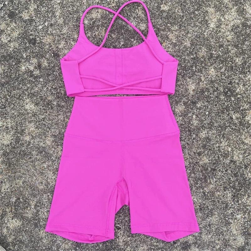 2 Piece Gym Sports Set Women Yoga Shorts Set Workout Outfit Fitness Suit Cross Straps Bra High Waist Shorts Running Tracksuit
