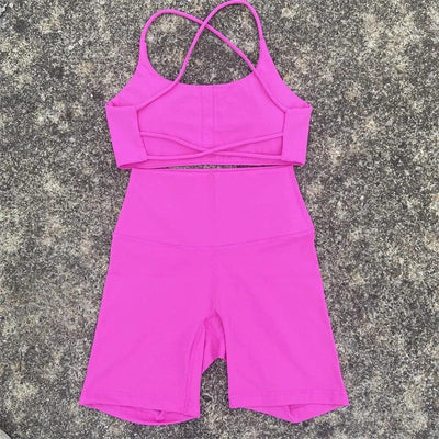 2 Piece Gym Sports Set Women Yoga Shorts Set Workout Outfit Fitness Suit Cross Straps Bra High Waist Shorts Running Tracksuit