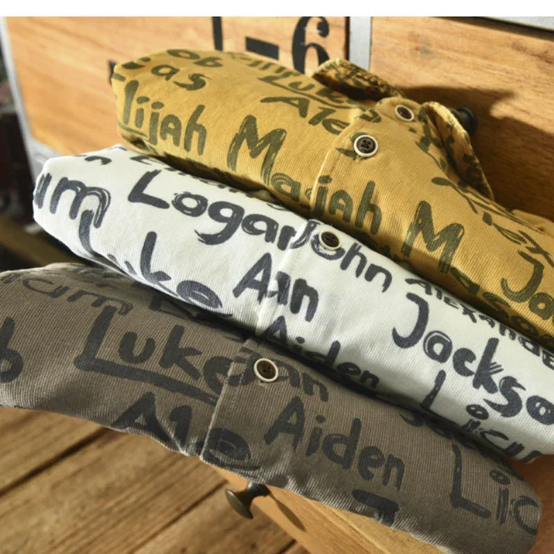 Spring and Autumn New Loose Corduroy Cotton Printed Long Sleeve Shirts for Men Clothing Cargo Letter Retro Big Pocket AZ109