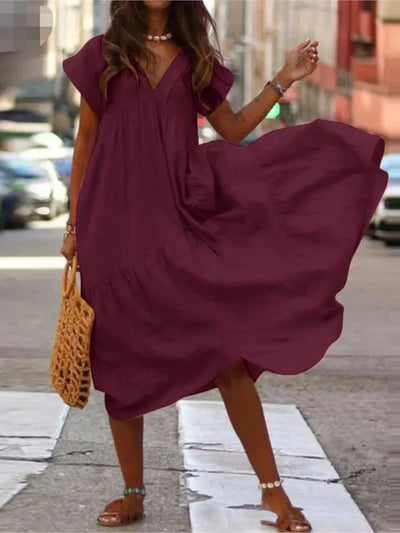 Cotton Linen Sexy V-neck Short Dress Summer New Women's Solid Color Multi-color Casual Loose Short Sleeved Mid Length Dress