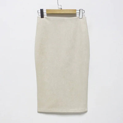 Women's suede solid color pencil skirt, spring and summer high waisted tight fitting retro suede split thick elastic skirt