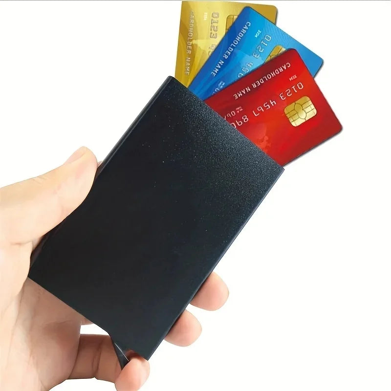 Slim black leather smart wallet with pop-up card slots and magnetic closure