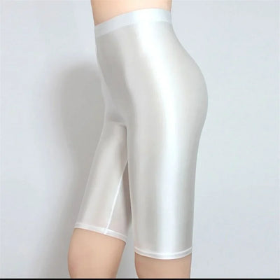 Stretchy Metallic Cropped Leggings Shorts Shiny Silver Basic High Waisted Leggings for Women Capri Yoga Bike
