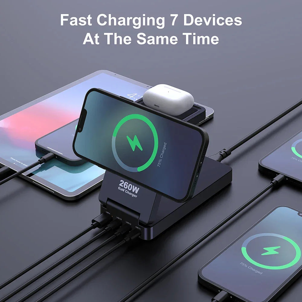 260W Magnetic Wireless Charging Station GaN USB TypeC Charger PPS PD Fast Charge For iPhone 16 15 IWatch AirPods Foldable Holder