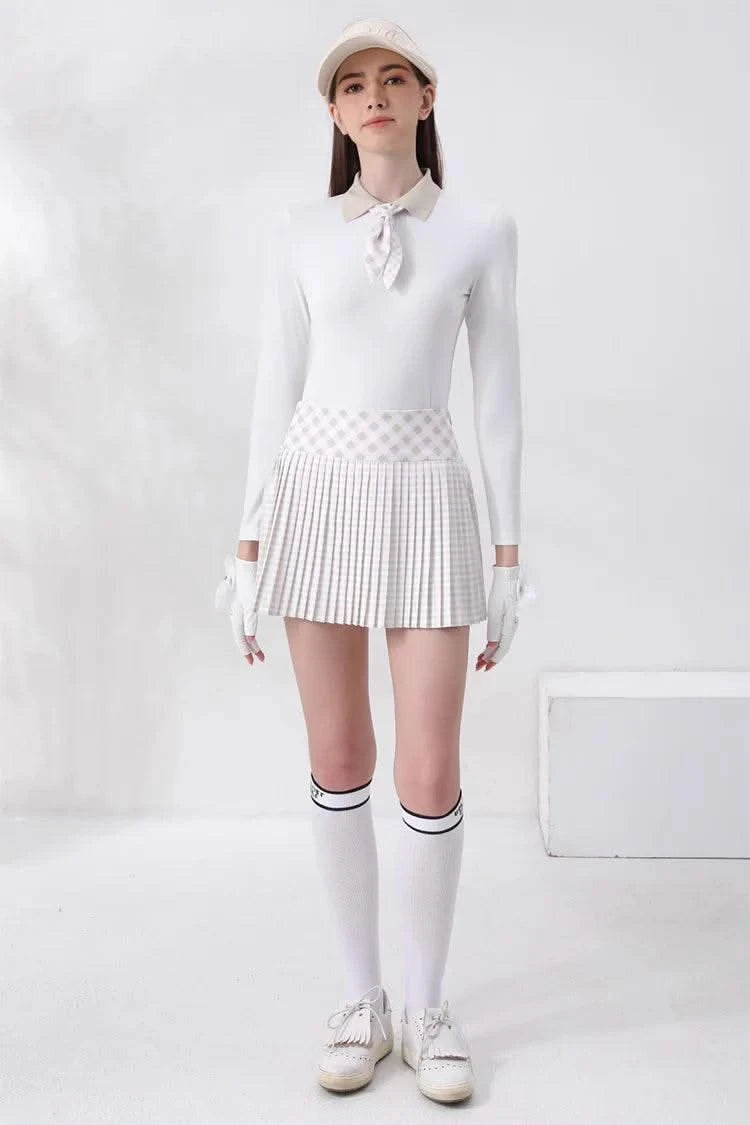 Women's Golfwear for  Slim-Fit Long-Sleeve Top with Polo Collar and Bow Tie, High-End Golf Hundred-Pleat Skirt Suit