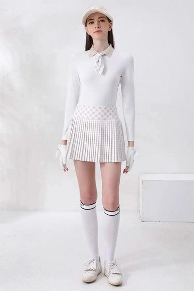 Women's Golfwear for  Slim-Fit Long-Sleeve Top with Polo Collar and Bow Tie, High-End Golf Hundred-Pleat Skirt Suit