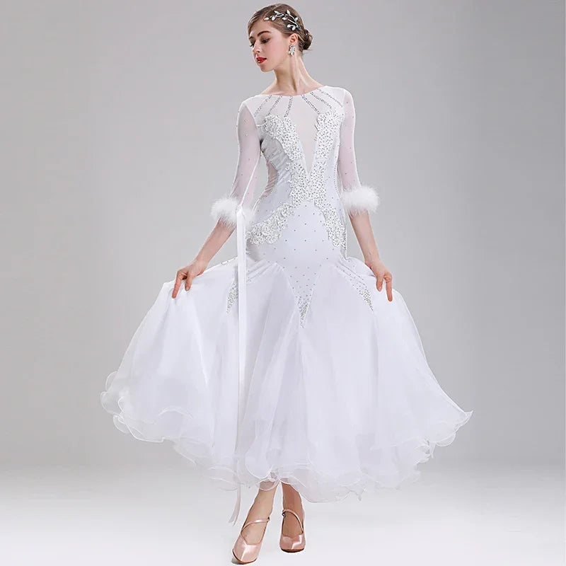 White Ballroom Dance Competition Dresses Women's Performance Waltz Party Clothes National Standard Modern DanceWear Costumes