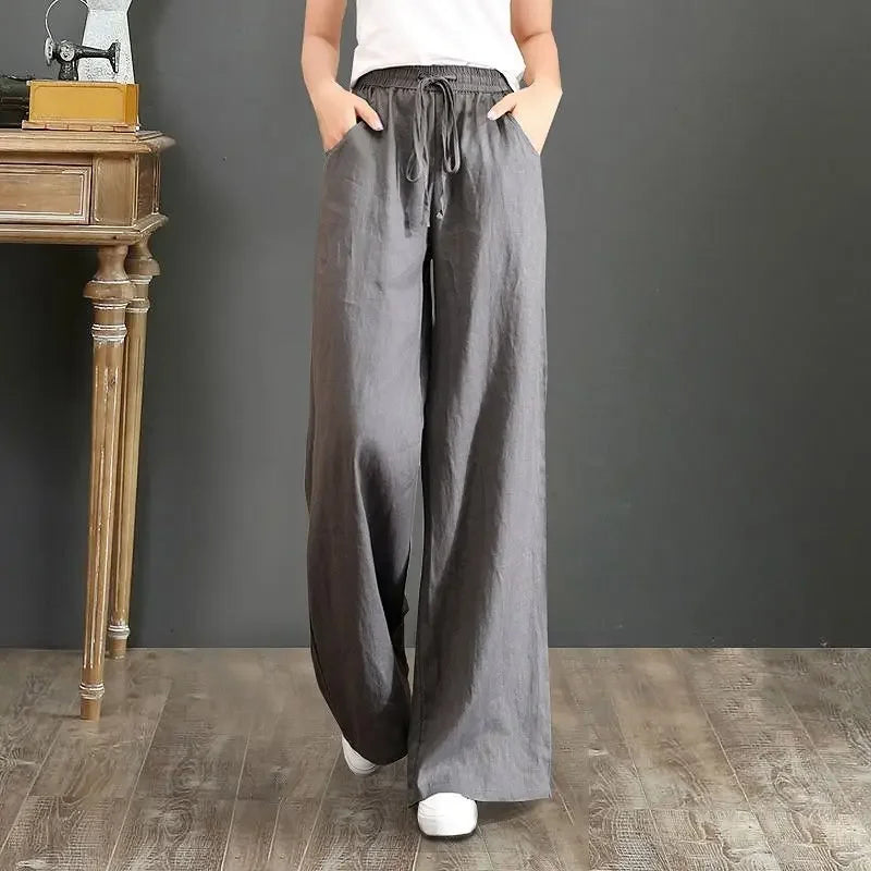 Wide-leg Pants Spring Casual Women's Versatile Loose Cotton Linen High-waist Drawstring Straight Trousers