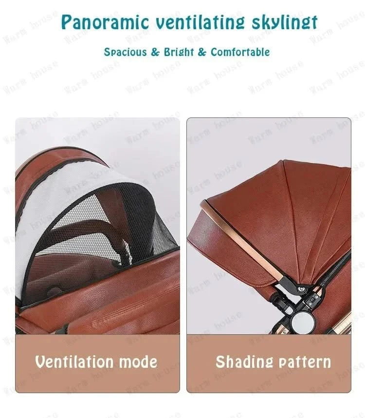 3-in-1 Luxury High-view Baby Stroller with Car Seat Foldable Newborn Baby Stroller PU Leather Two-way Baby Stroller