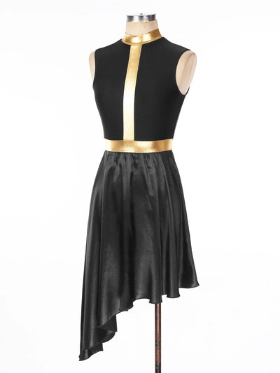 Women Lyrical Dance Dress Color Block Patchwork Invisible Zipper Back Flowy Asymmetrical Hem Sleeveless Dresses Dancewear