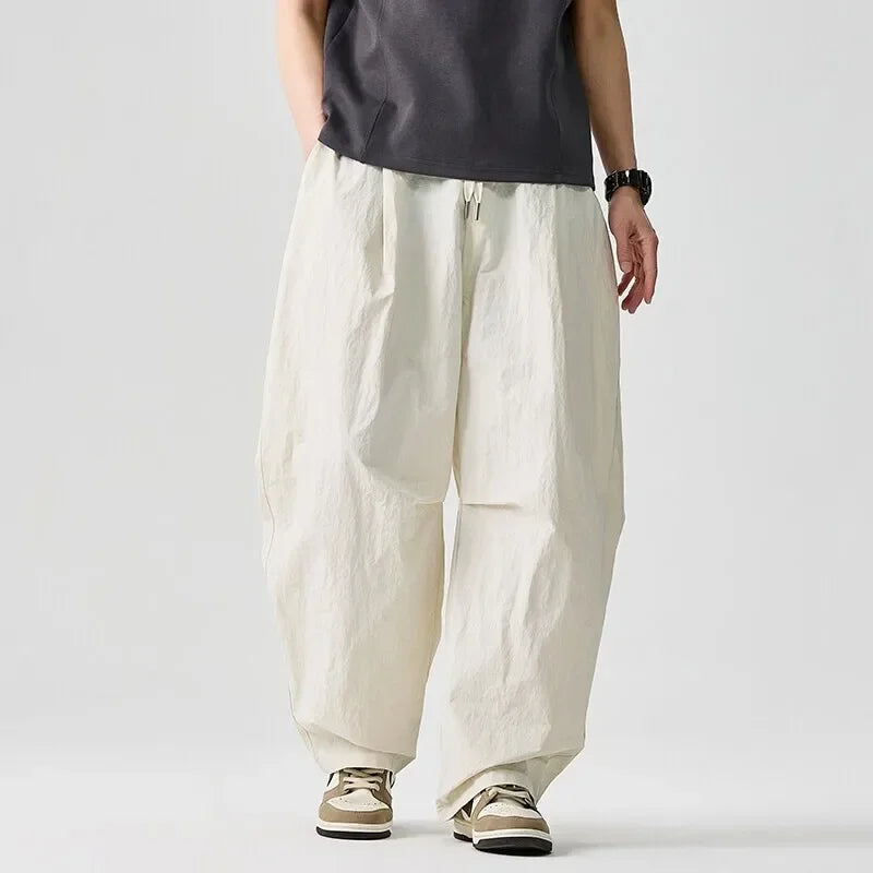 Wide leg Pants Men Harajuku Japanese Style Loose Casual Pants Men Solid Comfortable Elastic Waist Trouser Outdoor Walking Hiking