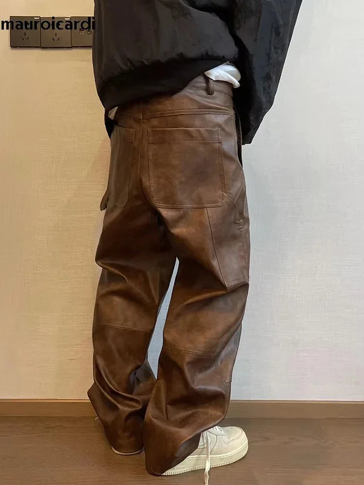 Mauroicardi Autumn Long Retro Cool Baggy Distressed Washed Brown Soft Pu Leather Wide Leg Pants for Men Luxury Designer Clothes