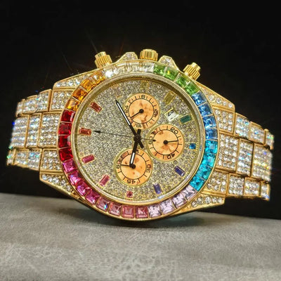2025 Top Luxury Watch For Men Fashion Ice Diamond Hip Hop Rainbow Diamond Multifunction Man Quartz Wristwatch Gift Dropshipping