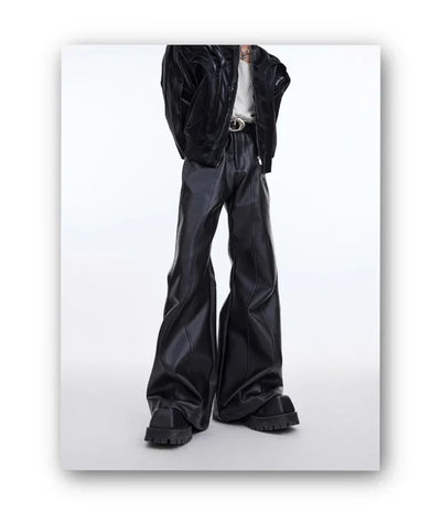 Mauroicardi Autumn Cool Handsome Long Black Matte Baggy Pu Leather Wide Leg Pants for Men High Waist Emo Luxury Designer Clothes