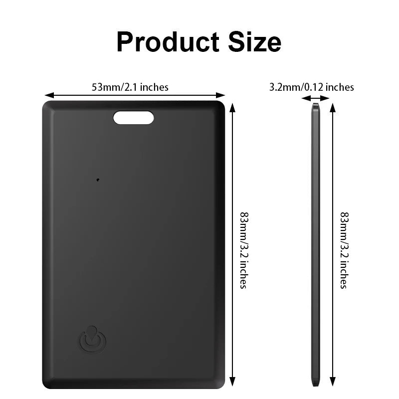 Slim black rectangular power bank with rounded edges and button, AirTag-compatible tracker