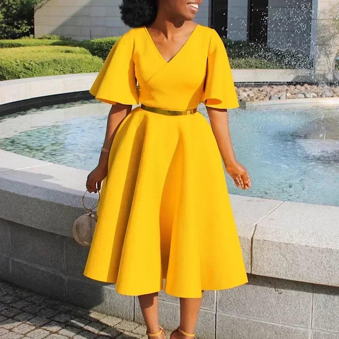 Elegant party dresses for women v neck ruffles sleeve high waisted pleated mid calf luxury birthday dinner vestidos