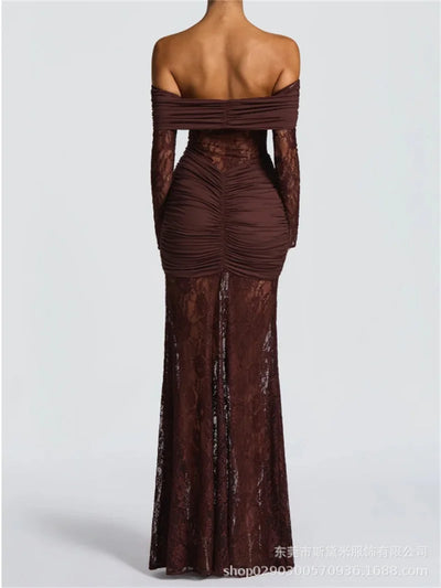 Sexy Lace Mermaid Women Prom Dress Sexy Off Shoulder Full Sleeves Long Party Gown Robe Casual Beach Holiday Formal Evening Gown