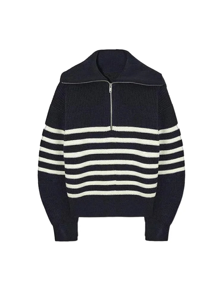Oversize Fashion Women Sweaters 2025 Zip Thick Fall Loose Knit Jumper Turtleneck Turn-down Collar Casual Women's Striped Sweater