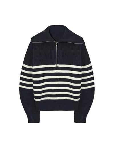 Oversize Fashion Women Sweaters 2025 Zip Thick Fall Loose Knit Jumper Turtleneck Turn-down Collar Casual Women's Striped Sweater