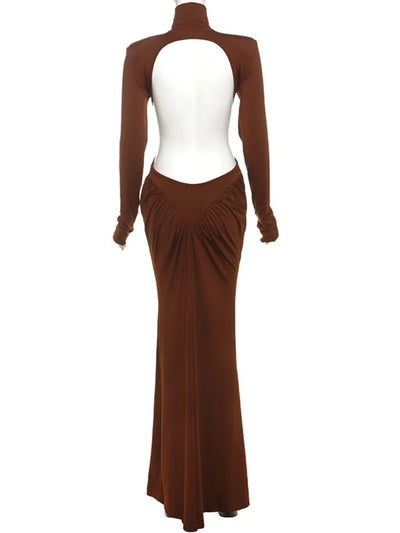 Womens Elegant Turtleneck Ruched Backless Party Dress 2025 Lady Long Sleeve Tunics Folds Long Maxi Formal Gown Evening Dresses