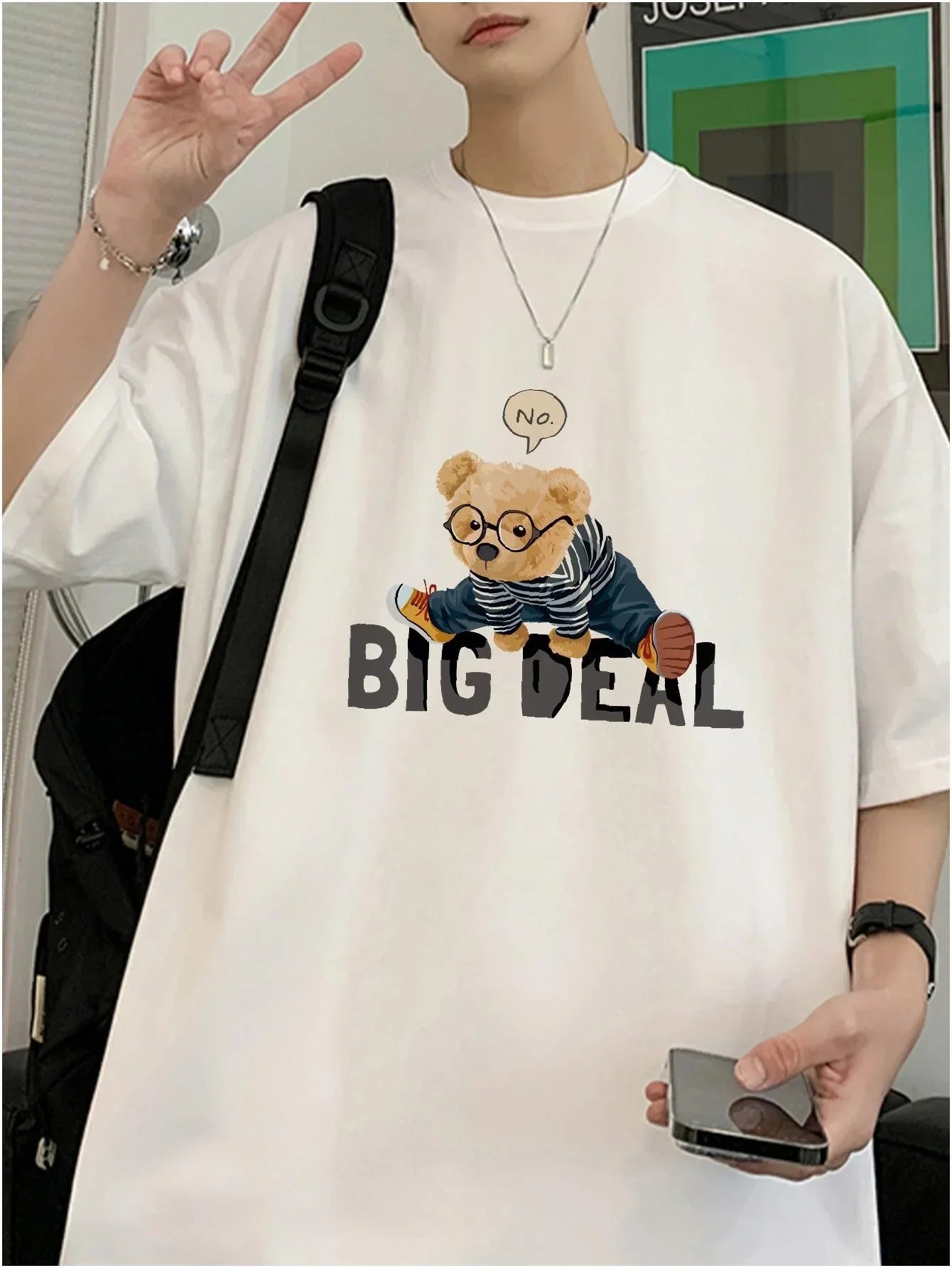 Designer Brand Men T-shirts Loose Summer Unisex Cute Bear Print Tees Fashion Kpop Male Tops High Quality Cotton Male Clothing