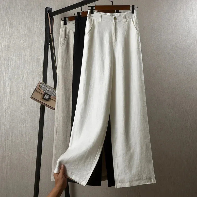 Women's Cotton Linen Straight Trousers Elastic High Waist Wild Wide Leg Pants Female Spring Summer Solid Color Loose Linen Pants