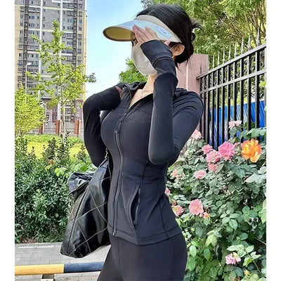 Women sport jacket fashion tight-fitting sportswear coat training running gym yoga solid color cardigan jacket