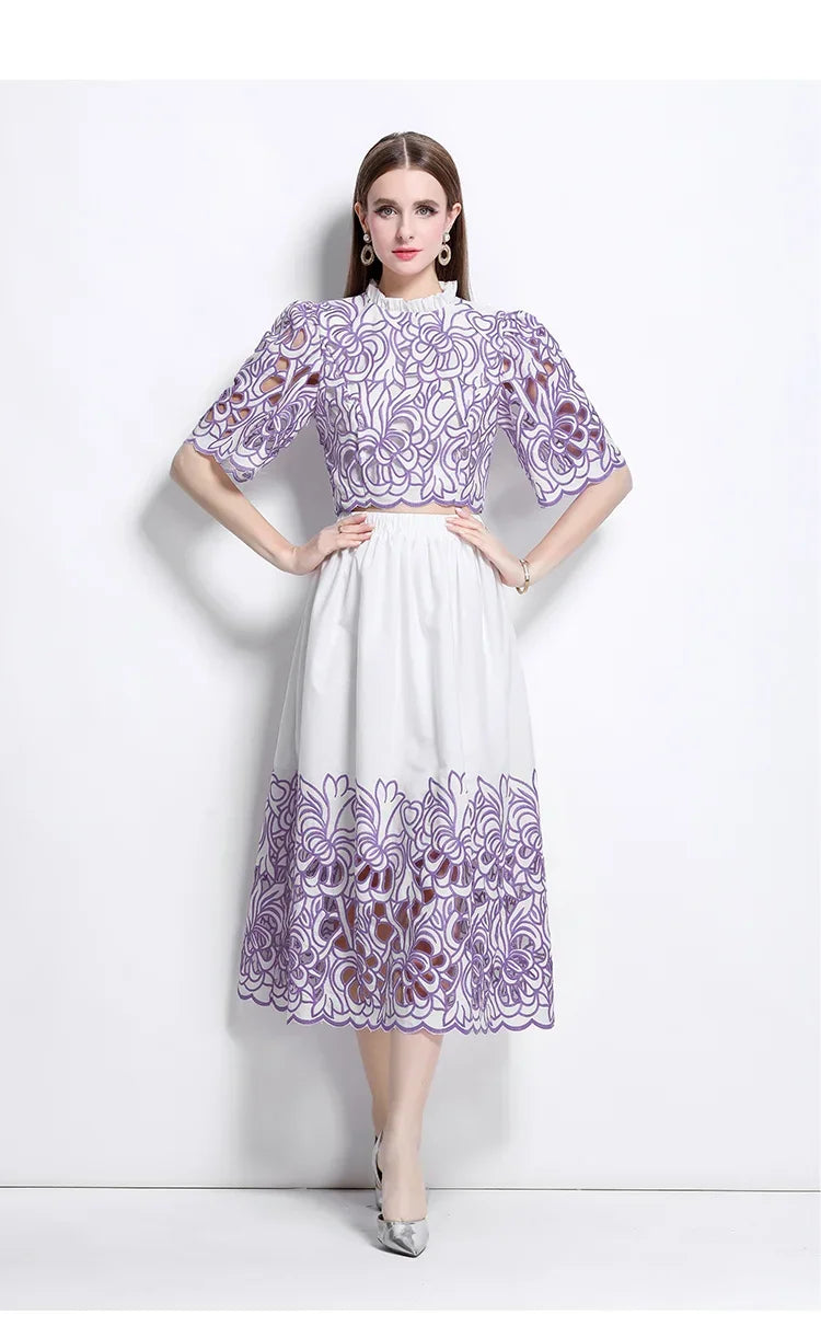 Summer Short Sleeve A-LINE Set Skirt for Women Fashion Ruffled Collar Embroidery Set Skirt Women Vestidos De Verano Mujer Q344
