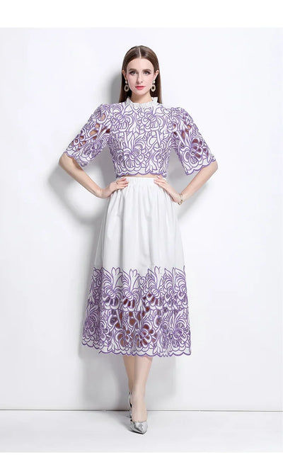 Summer Short Sleeve A-LINE Set Skirt for Women Fashion Ruffled Collar Embroidery Set Skirt Women Vestidos De Verano Mujer Q344