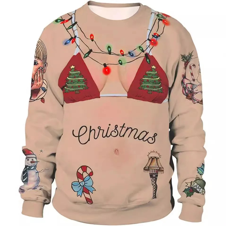 New Year Eve Xmas Sweatshirt 3D Novelty Print Holiday Party Jumper Top Unisex Pullover Reindeer Ugly Christmas Sweater Men Women
