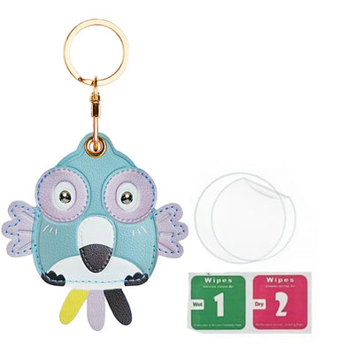 Blue owl leather AirTag keychain with hand straps and gold hardware