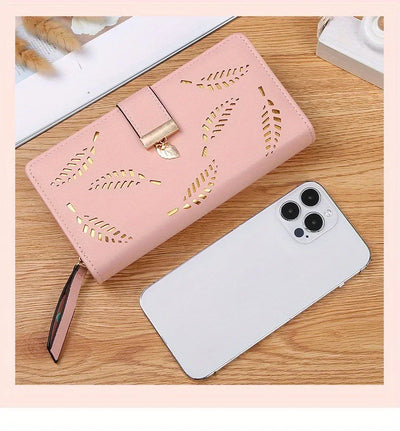 Elegant Women's Wallet With Hollowed-Out Leaf Design, Bifold Long Zippered Clutch, PU Leather Mobile Phone Bag Card Coin Purse