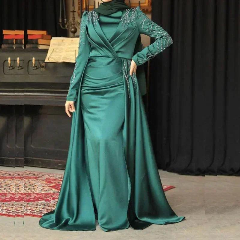 Luxury dubai women evening dresses long sleeve high neck appliques sequine chapel train pleat gowns formal occasion