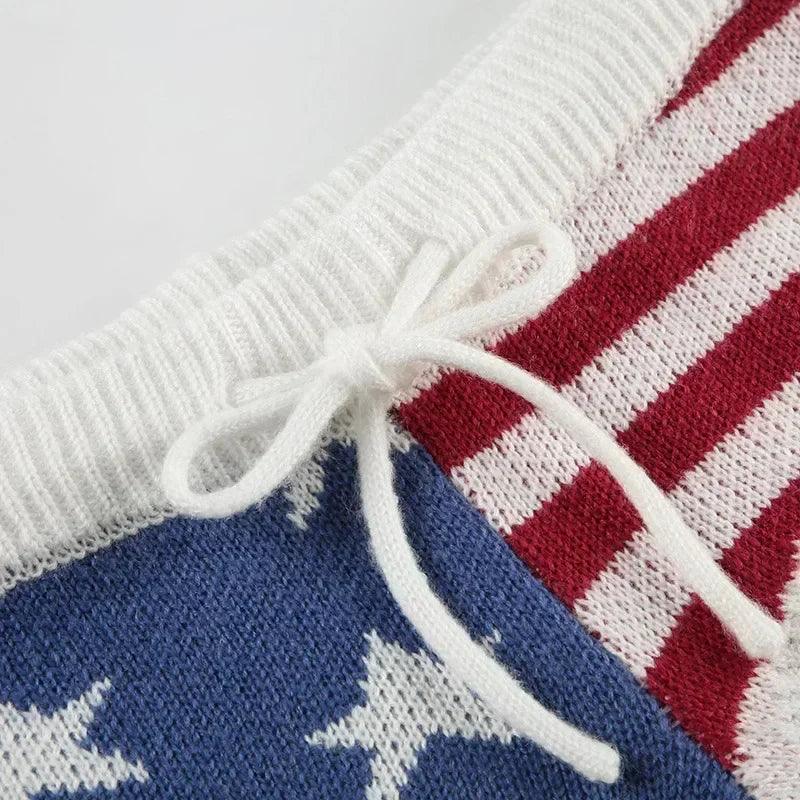 Y2k knitted very short shorts 2000s sexy knit hot stars and stripes print pants for women america/usa flag