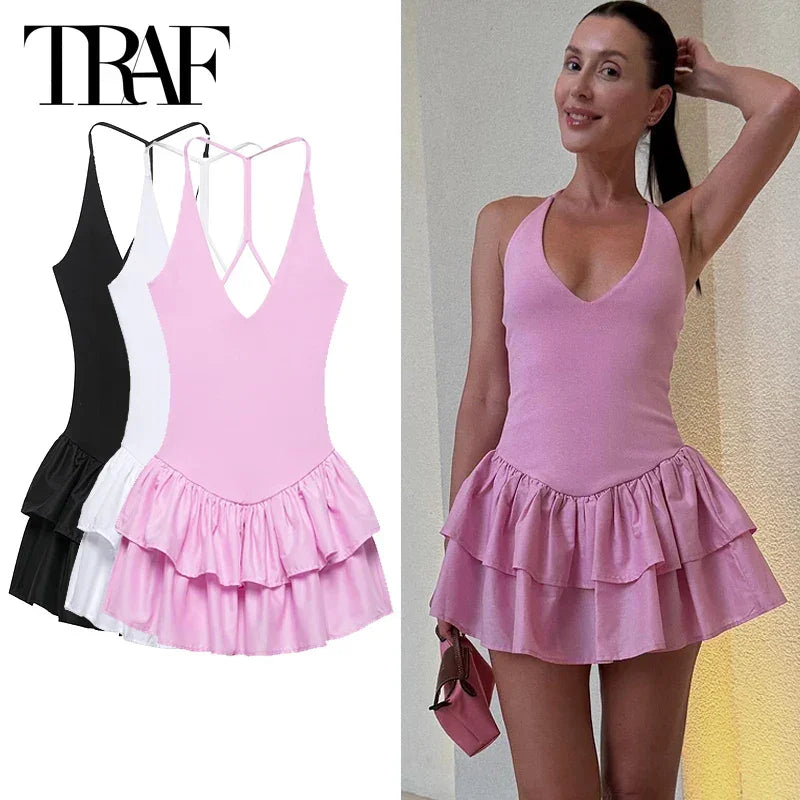 Halter Pink Dresses Chic v Neck For Women