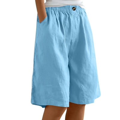 Women's Fashion Solid Color Cotton Linen Shorts - Loose Elastic Waist Capris with Pocket and Button Up Design