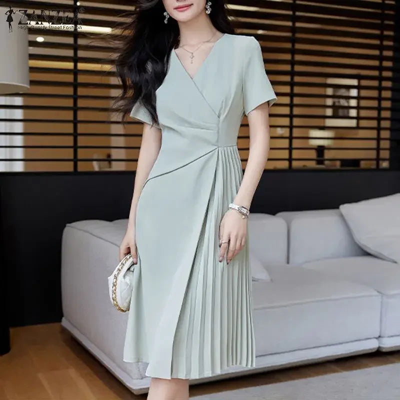 Summer Women Elegant OL Work Sundress V Nek Party Dress 2024 ZANZEA Fashion Short Sleeve Robe Femme Solid Pleated Midi Vestidos