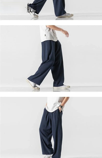 Summer Large Size Linen Cotton Wide Leg Pants Men Casual Comfortable Loose Fit Straight Leg Trousers Long Pants