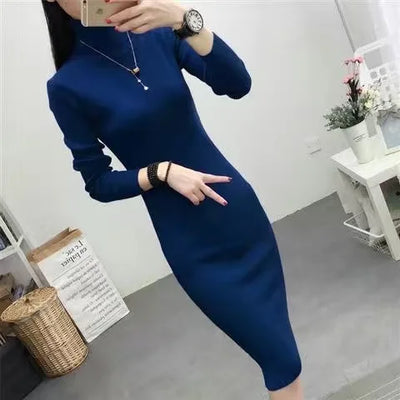 Fall Winter Turtleneck Slim Knit Dresses Women Casual Elegant Sweater Dress Korean Mid-length Soft Knitwear Vestidos Bottom Robe