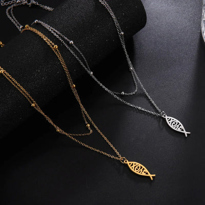 Jeshayuan Christian Jesus Fish Pendant Necklaces For Women Double Layer Stainless Greek ΙΧΘΥΣ Christian Religious Gift