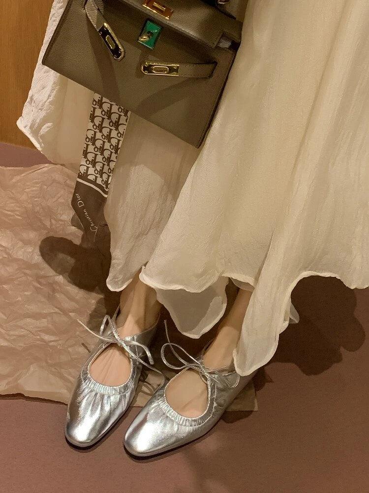Women ballet leather narrow band flat shoes bling silver gold footwear